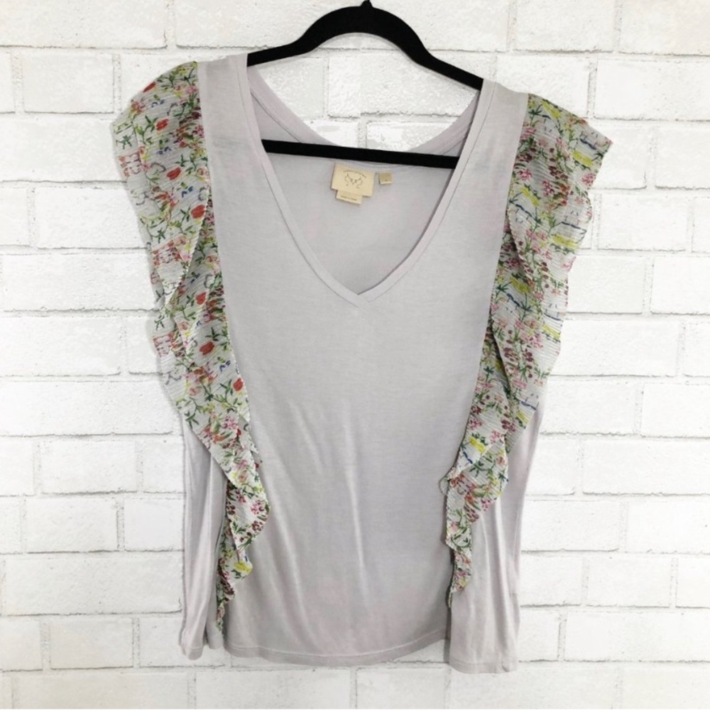 Anthropologie Gray Floral Ruffle Tank